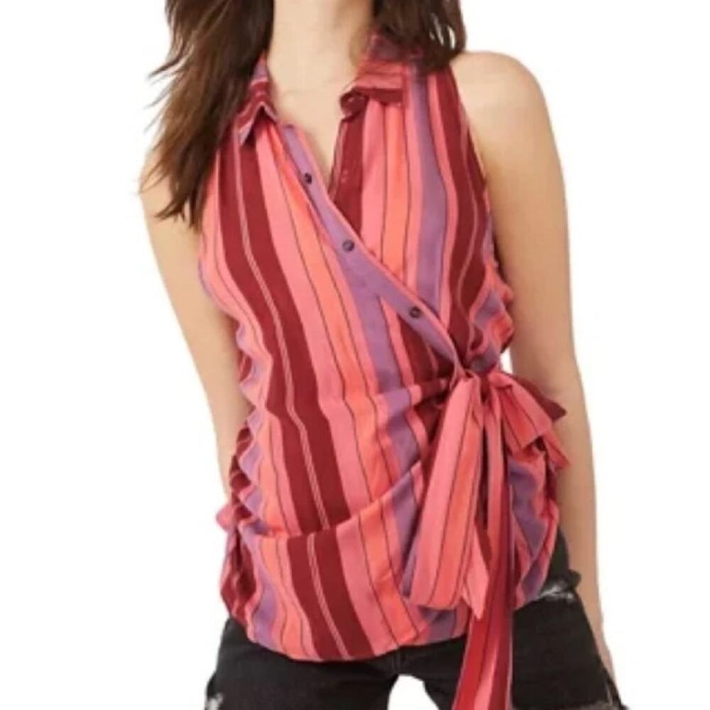 Free People Mackenzie Shirt Womens S Red Pink Striped Sleeveless Wrap Button Top